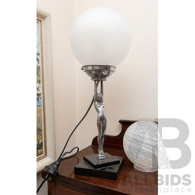 Antique Dianna Chrome Lady Lamp with Glass Shade and Later Stepped Base