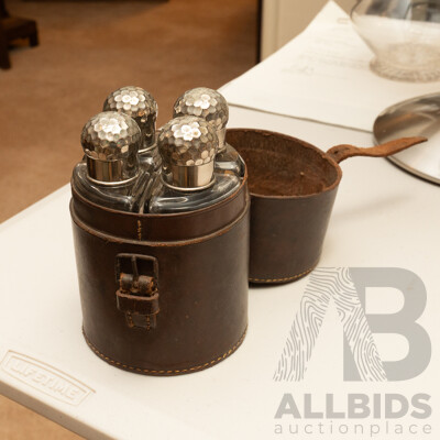 Antique Four Quarter Glass Perfume Bottles with Silver Plate Lids in Original Leather Carry Case