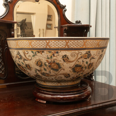 Very Large Japanese Satsuma Bowl with Foliate Motif and Crackle Glaze on Wooden Stand