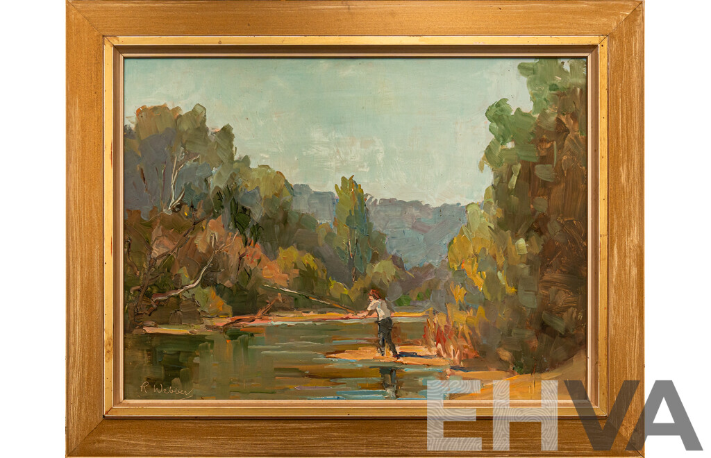 R. Webber (20th Century), Fishing, Original Vintage Oil on Masonite Board, 39 x 49 cm (frame)