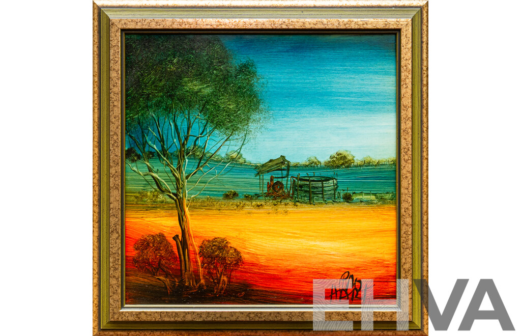 Pro Hart, (20th Century, Australian, 1928-2006), Outback Landscape (1981), Oil on Board, 37 x 37 cm (frame)