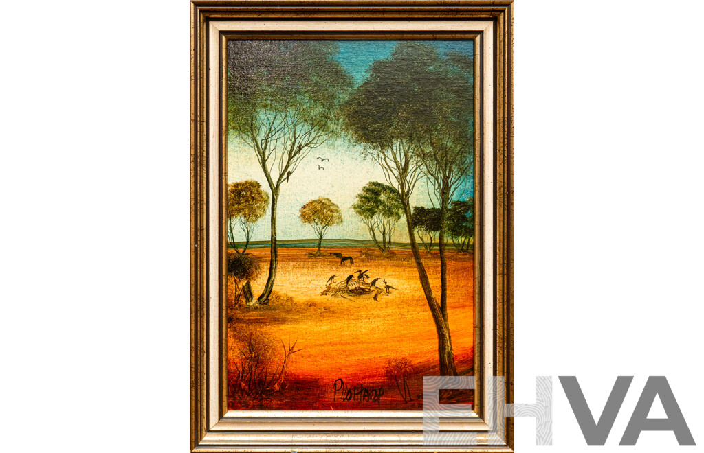Pro Hart, (20th Century, Australian, 1928-2006), Dinner Time, Oil on Board, 52 x 37 cm (frame)