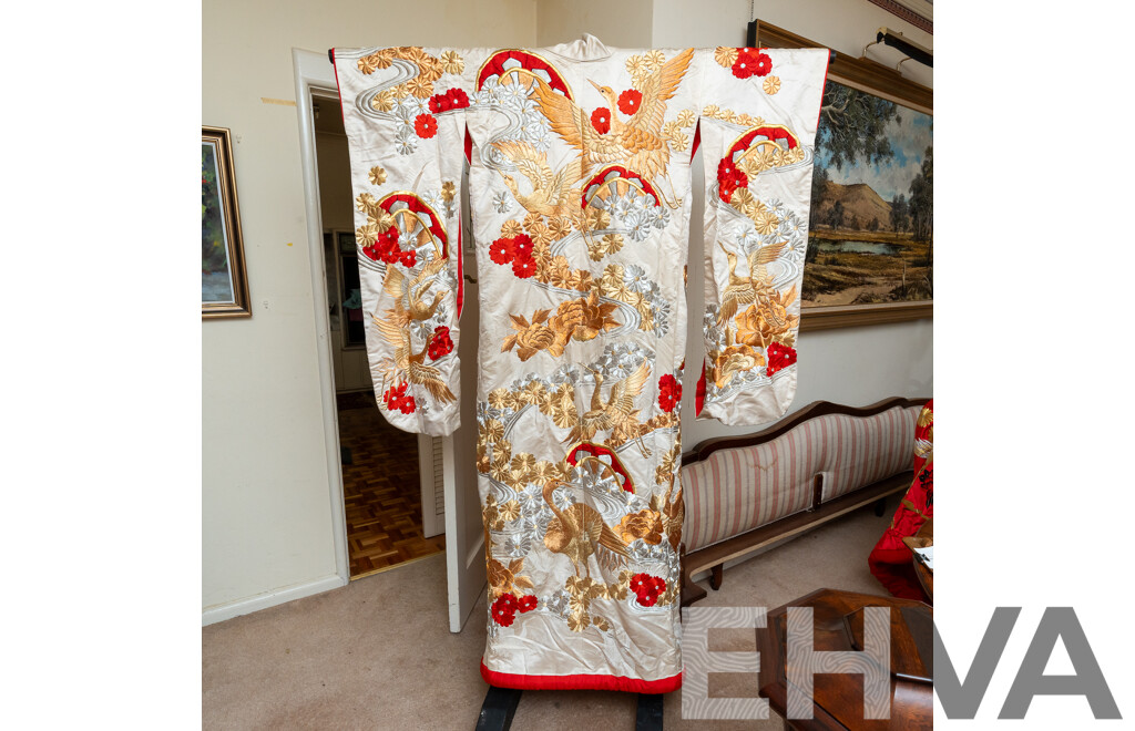Absolutely Beautiful Vintage Wedding Japanese Fabric Kimono Featuring Gold, Bronze, Silver and Red Details with Flowers & Cranes, Rich Red Fabric Interior