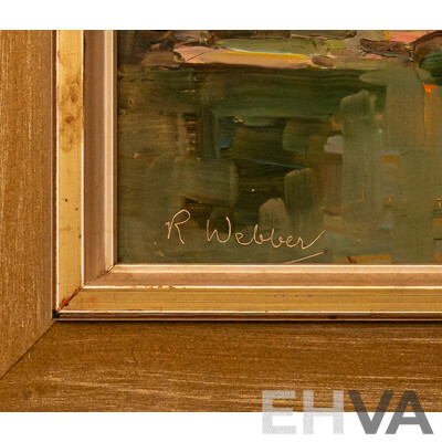 R. Webber (20th Century), Fishing, Original Vintage Oil on Masonite Board, 39 x 49 cm (frame)