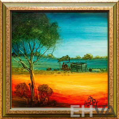 Pro Hart, (20th Century, Australian, 1928-2006), Outback Landscape (1981), Oil on Board, 37 x 37 cm (frame)