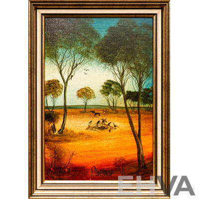 Pro Hart, (20th Century, Australian, 1928-2006), Dinner Time, Oil on Board, 52 x 37 cm (frame)