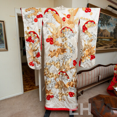 Absolutely Beautiful Vintage Wedding Japanese Fabric Kimono Featuring Gold, Bronze, Silver and Red Details with Flowers & Cranes, Rich Red Fabric Interior