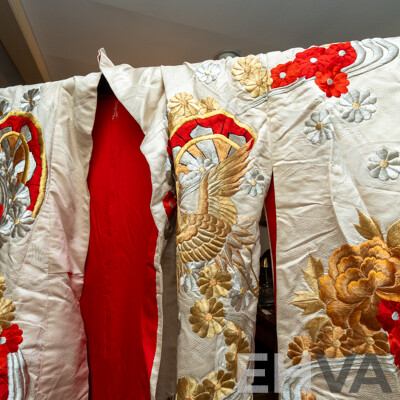 Absolutely Beautiful Vintage Wedding Japanese Fabric Kimono Featuring Gold, Bronze, Silver and Red Details with Flowers & Cranes, Rich Red Fabric Interior