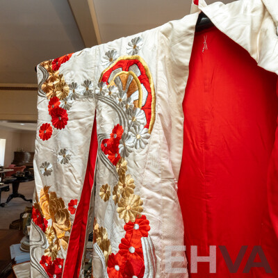 Absolutely Beautiful Vintage Wedding Japanese Fabric Kimono Featuring Gold, Bronze, Silver and Red Details with Flowers & Cranes, Rich Red Fabric Interior