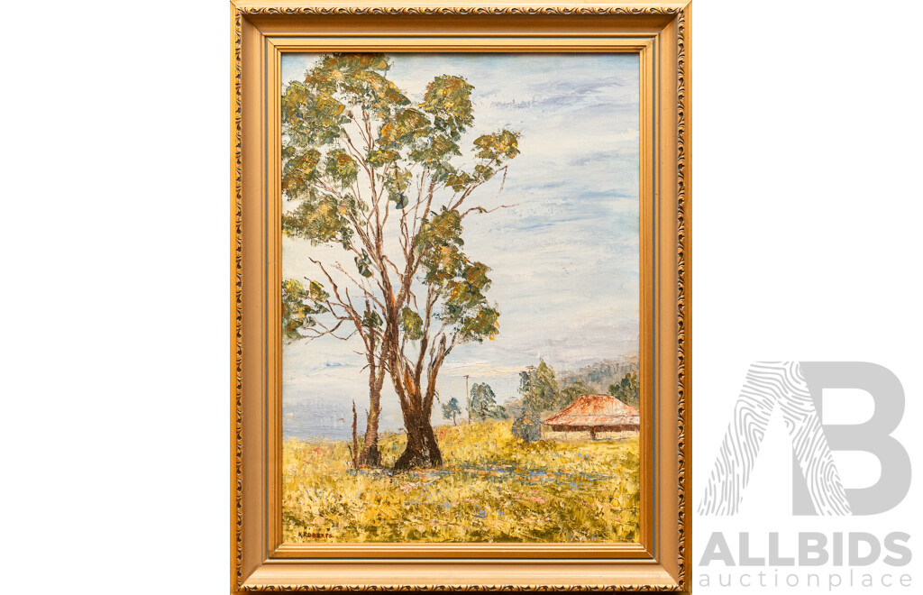 K. Roberts, (20th Century, Australian), Original Oil on Canvas, Secluded Bush Cottage, 57.5 x 45 cm (frame)