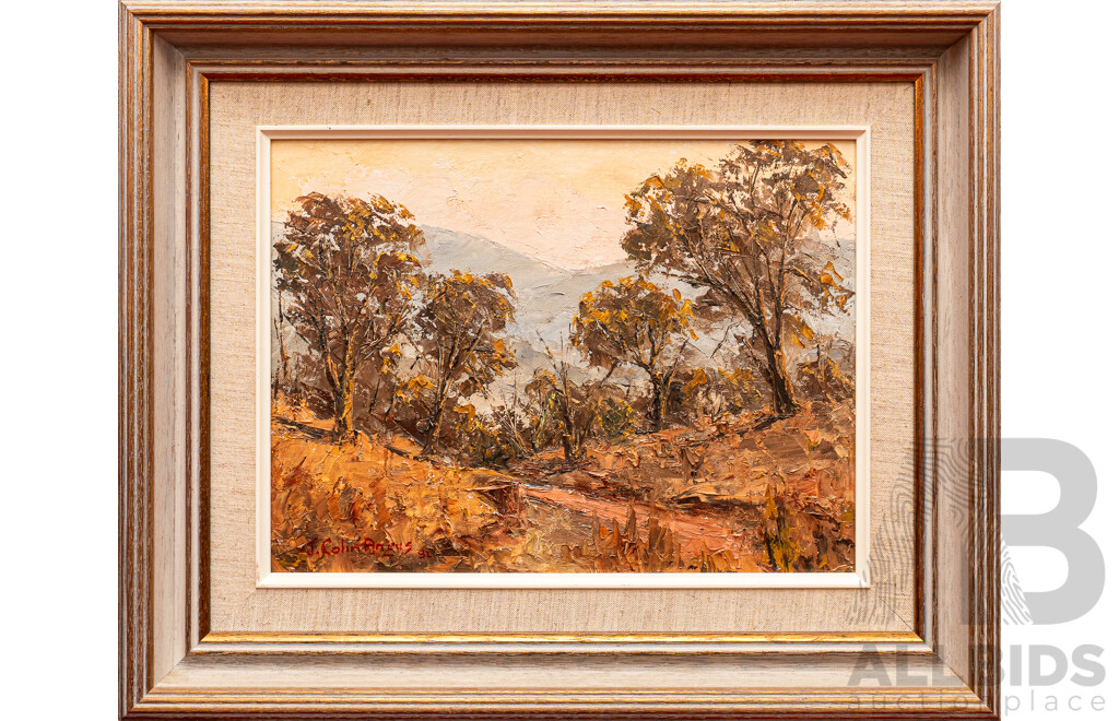 J. Colin Angus, (20th Century, Australian, 1907-2002), Track Through the Bush (1982), Lovely Original Oil on Canvas Board, 48 x 58 cm (frame)