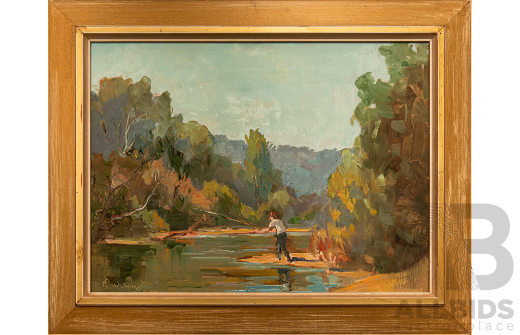 R. Webber (20th Century), Fishing, Original Vintage Oil on Masonite Board, 39 x 49 cm (frame)