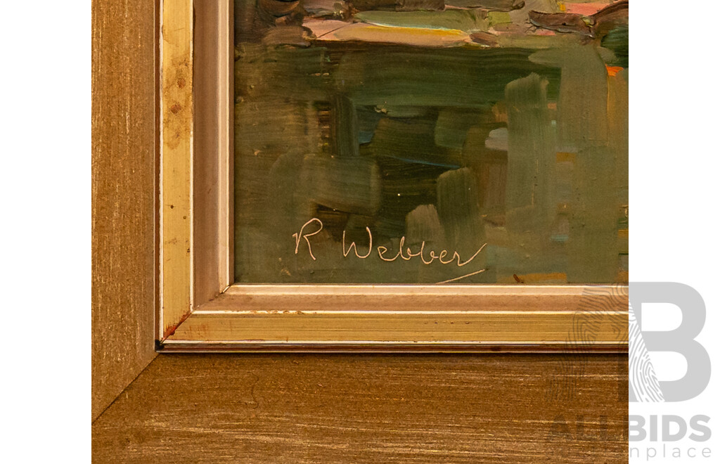 R. Webber (20th Century), Fishing, Original Vintage Oil on Masonite Board, 39 x 49 cm (frame)