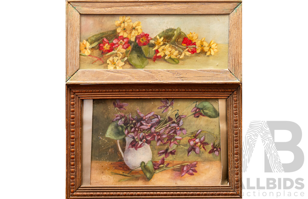 Mary Young Gordon (19th Century, Australian, c1850s), Purple Orchids & Mixed Blossoms, Lovely Pair of Antique Original Oils on Card, 14 x 30 cm (frames) (2)