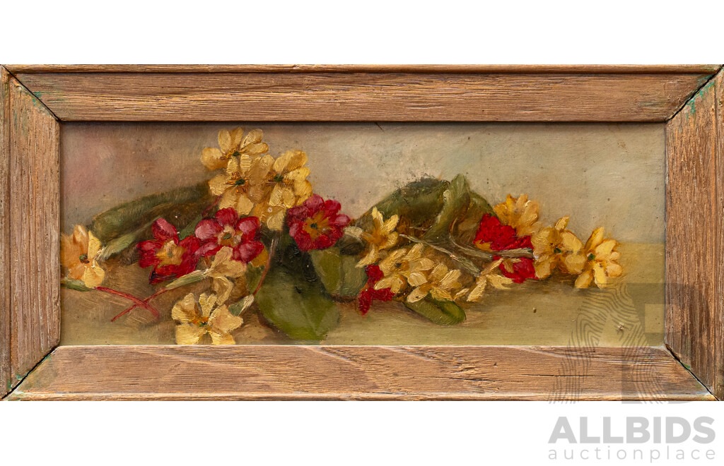 Mary Young Gordon (19th Century, Australian, c1850s), Purple Orchids & Mixed Blossoms, Lovely Pair of Antique Original Oils on Card, 14 x 30 cm (frames) (2)
