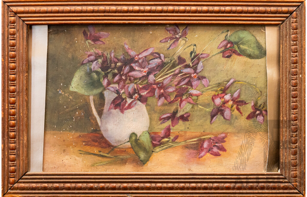 Mary Young Gordon (19th Century, Australian, c1850s), Purple Orchids & Mixed Blossoms, Lovely Pair of Antique Original Oils on Card, 14 x 30 cm (frames) (2)