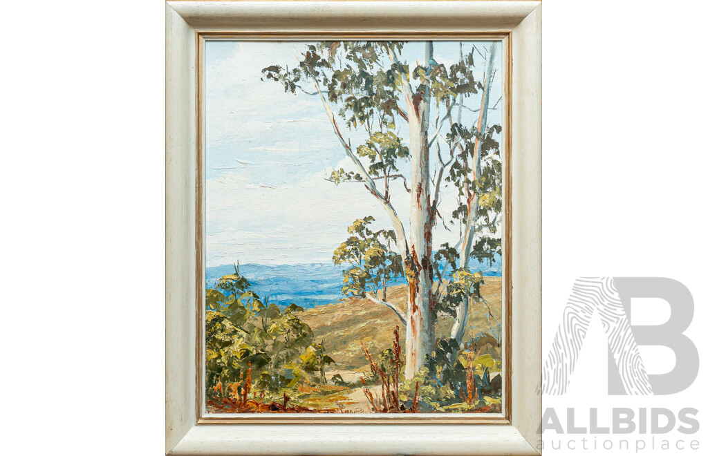 Margaret Hunter, (20th Century, Australian), Blue of Summer Mountains [Near Tumut], Original Vintage Oil on Canvas Panel Board, 60 x 50 cm (frame)