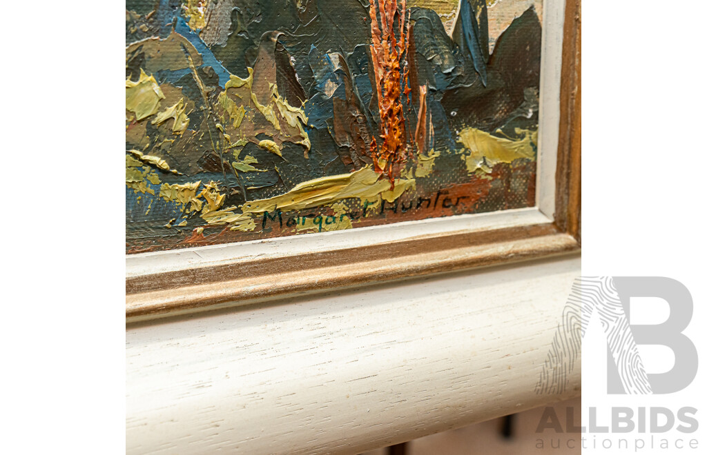 Margaret Hunter, (20th Century, Australian), Blue of Summer Mountains [Near Tumut], Original Vintage Oil on Canvas Panel Board, 60 x 50 cm (frame)