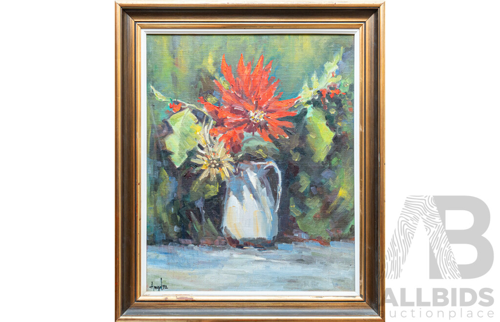 Angel (20th Century, Working c1970s), Still Life - Flowers in White Jug, Original Vintage Oil on Canvas Board, 65 x 55 cm (frame)