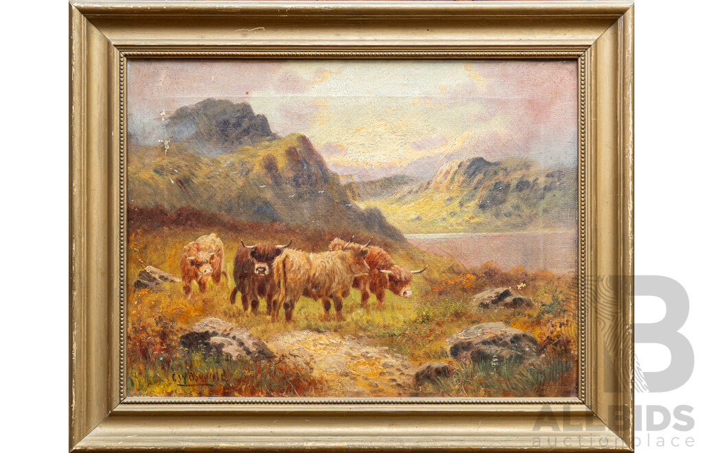 Charles W. Oswald, (19th Century, German-Born British, 1850-?), Highland Cattle in Scottish Highlands, Fabulous Antique Original Oil on Canvas Cloth, 39 x 49 cm (frame)