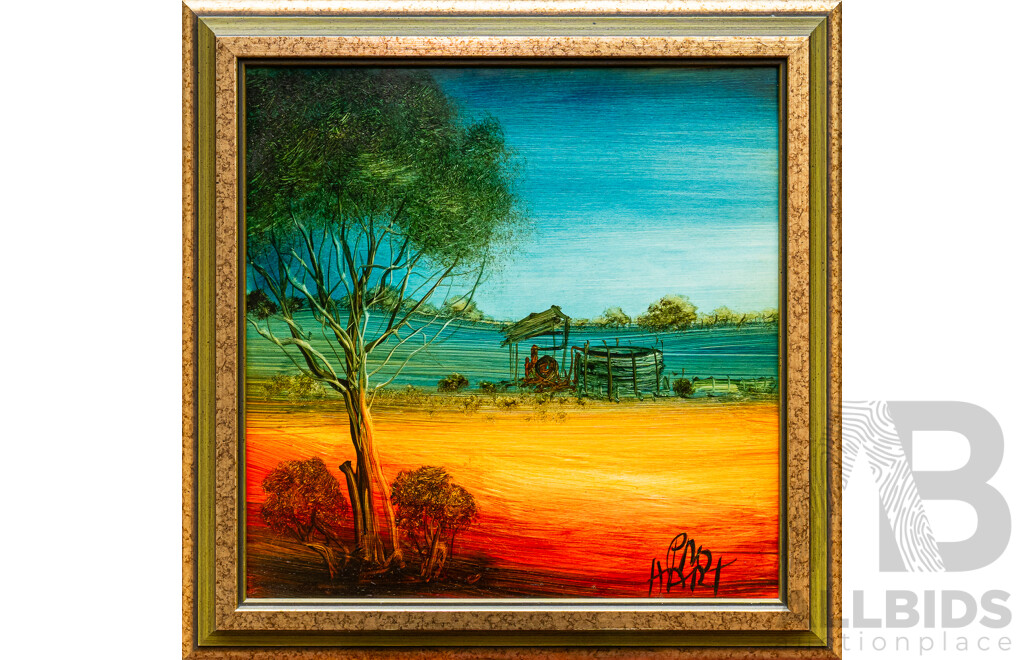 Pro Hart, (20th Century, Australian, 1928-2006), Outback Landscape (1981), Oil on Board, 37 x 37 cm (frame)
