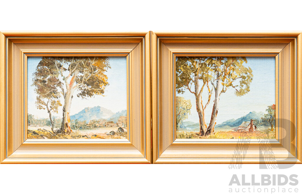 Nan Rogers, (20th Century, Australian), Dear Old Gum Trees (ACT) & Mountain Beauty (ACT), Lovely Pair of Original Oil on Canvas Miniatures, 18 x 20 cm (frames) (2)