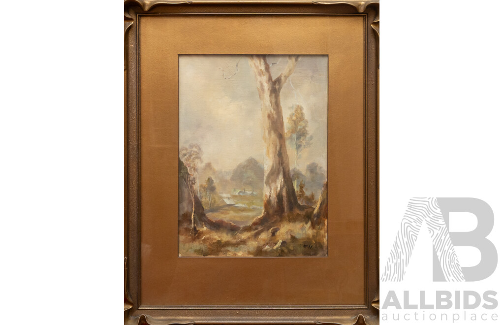 C.M.N, (Australian, Exact Date Unknown), Lone Gum Tree, Fabulous Original Vintage Oil on Canvas, 63 x 51 cm (frame)