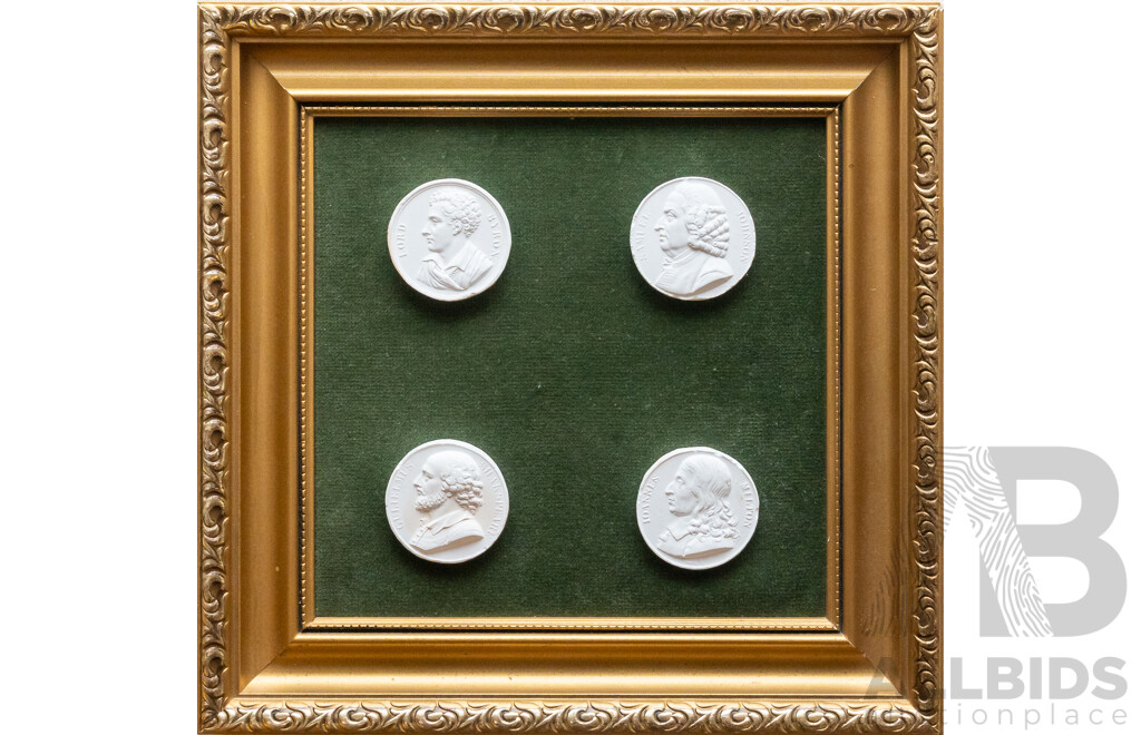 Very Nice Set of Four Grand Tour Intaglio's Featuring Lord Byron, Shakespeare, Milton and Johnson, Plaster Set on Velvet, Framed, 24 x 24 cm (frame)