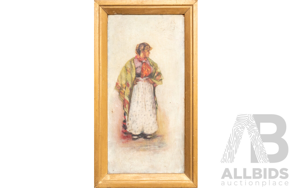 Artist Unknown, (circa Early 1900s), Lady in Green Shawl, Antique Oil on Board, 34.5 x 19 cm (frame)