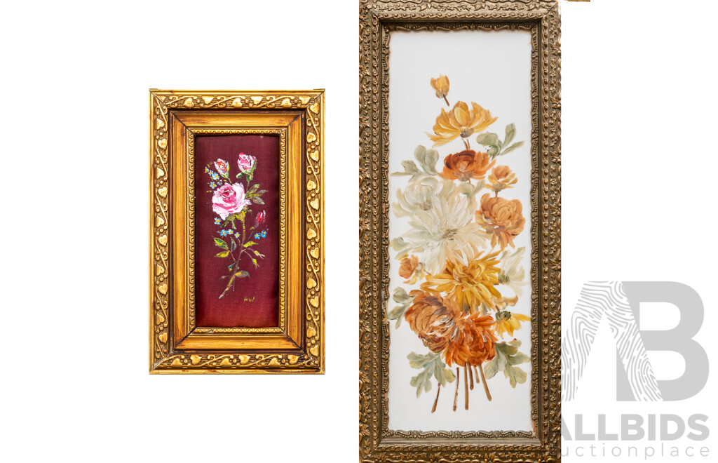 Lovely Pair of Vintage Flower Studies, Pink Roses & Garden Bunch, Oil on Red Cloth & Oil on Composite, 45 x 20 cm (largest) (2)
