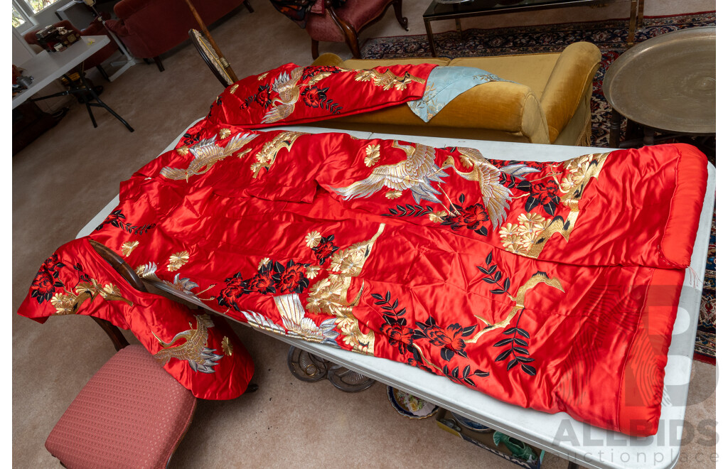 Absolutely Beautiful Vintage Wedding Japanese Fabric Kimono Featuring Gold & Black Flowers on Rich Red with Gold Silver Cranes; Red Interior