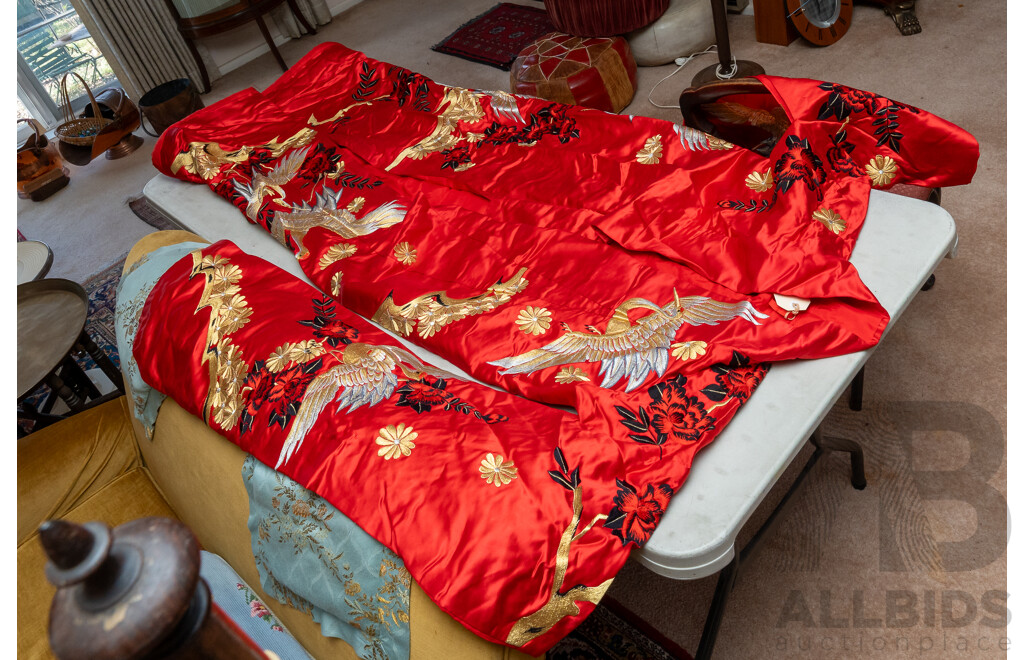 Absolutely Beautiful Vintage Wedding Japanese Fabric Kimono Featuring Gold & Black Flowers on Rich Red with Gold Silver Cranes; Red Interior