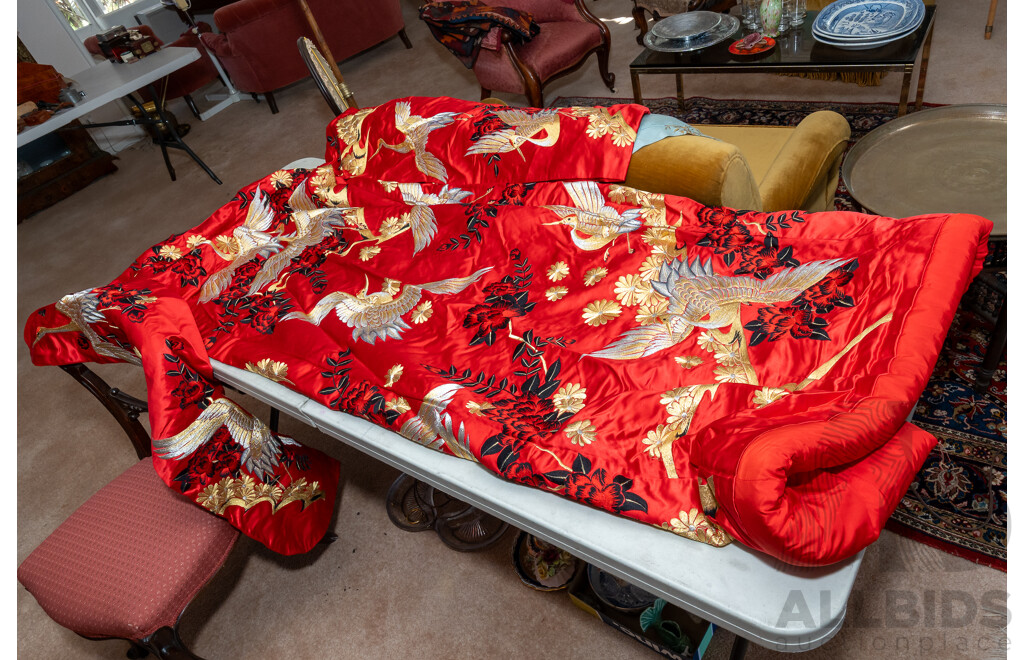 Absolutely Beautiful Vintage Wedding Japanese Fabric Kimono Featuring Gold & Black Flowers on Rich Red with Gold Silver Cranes; Red Interior