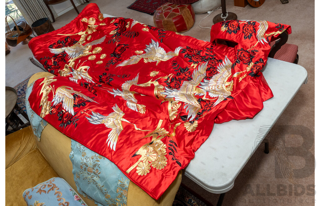 Absolutely Beautiful Vintage Wedding Japanese Fabric Kimono Featuring Gold & Black Flowers on Rich Red with Gold Silver Cranes; Red Interior