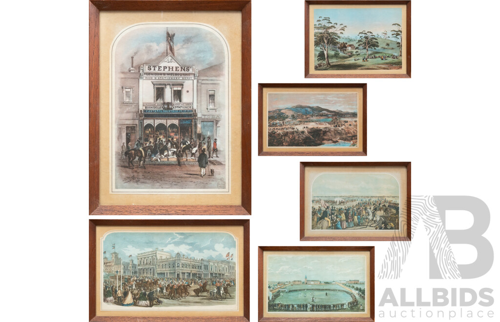 Samuel Calvert (19/20th Century, British,1828-1913), Ballarat, Corner of Lydiard & Sturt Streets (1865), Reproduction From Original Engraving (1965) Alongside Five Others, 17 x 26 cm (frame) (6)