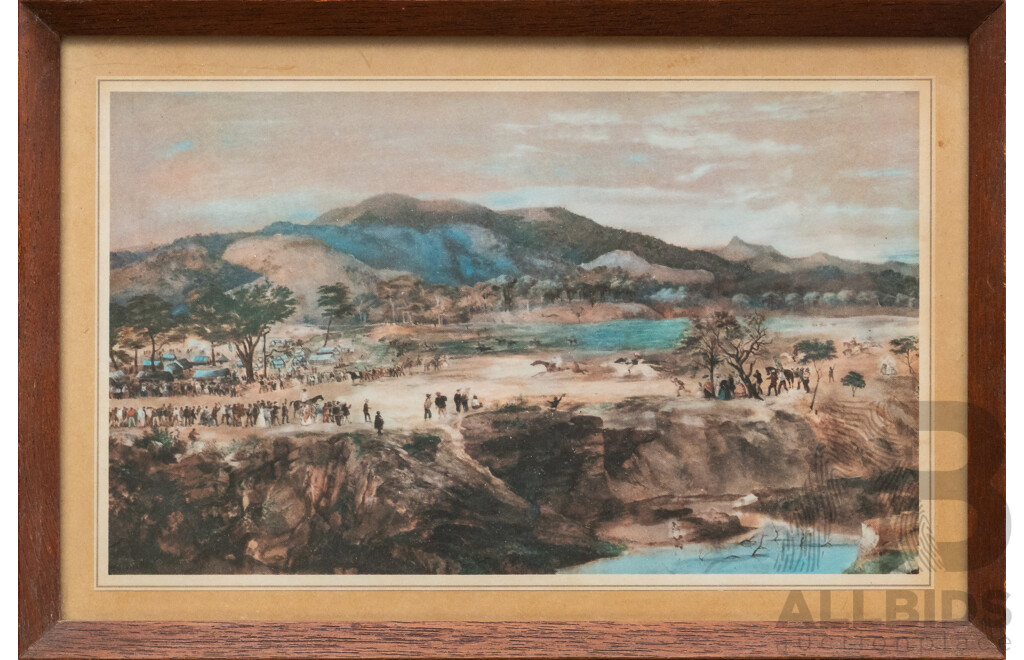 Samuel Calvert (19/20th Century, British,1828-1913), Ballarat, Corner of Lydiard & Sturt Streets (1865), Reproduction From Original Engraving (1965) Alongside Five Others, 17 x 26 cm (frame) (6)