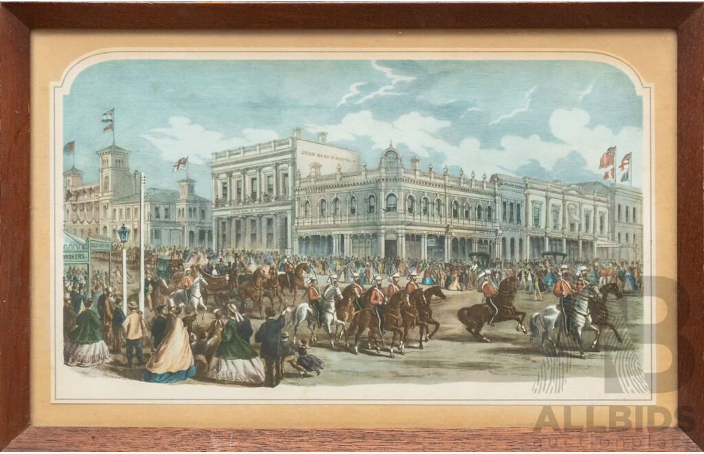 Samuel Calvert (19/20th Century, British,1828-1913), Ballarat, Corner of Lydiard & Sturt Streets (1865), Reproduction From Original Engraving (1965) Alongside Five Others, 17 x 26 cm (frame) (6)