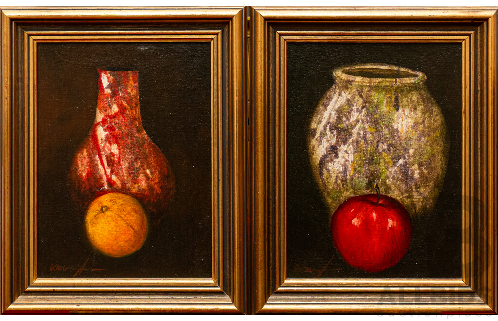 Ortega, (20th Century, Possibly Philipino), Still LIfe - Vase with Apple & Vase with Orange, Lovely Pair of Vintage Oil on Canvas Board, 38 x 31 cm (frame) (2)