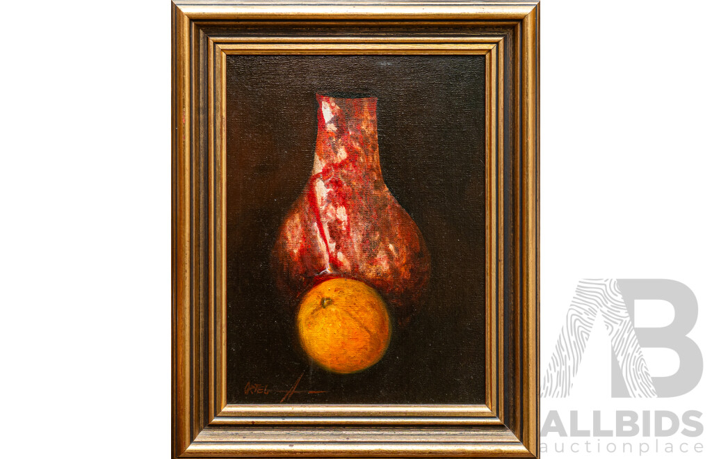 Ortega, (20th Century, Possibly Philipino), Still LIfe - Vase with Apple & Vase with Orange, Lovely Pair of Vintage Oil on Canvas Board, 38 x 31 cm (frame) (2)