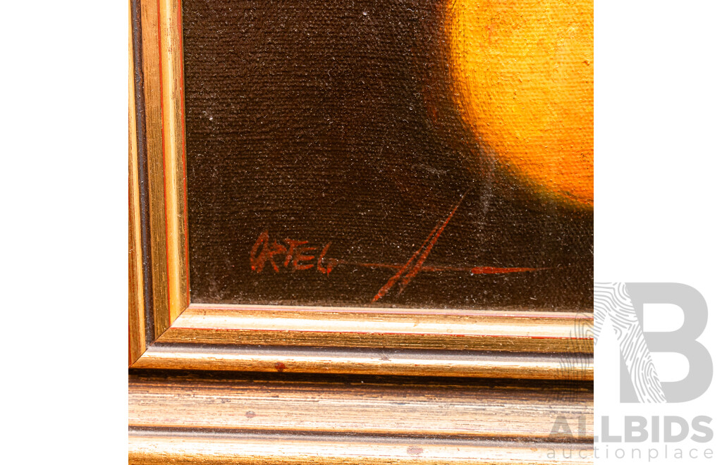 Ortega, (20th Century, Possibly Philipino), Still LIfe - Vase with Apple & Vase with Orange, Lovely Pair of Vintage Oil on Canvas Board, 38 x 31 cm (frame) (2)