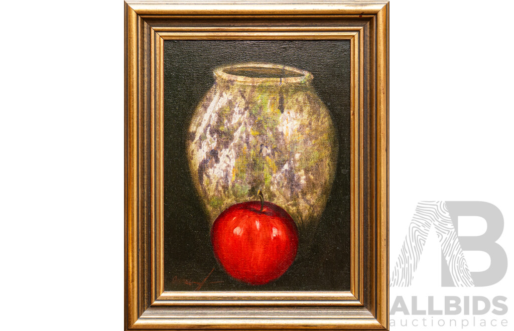 Ortega, (20th Century, Possibly Philipino), Still LIfe - Vase with Apple & Vase with Orange, Lovely Pair of Vintage Oil on Canvas Board, 38 x 31 cm (frame) (2)