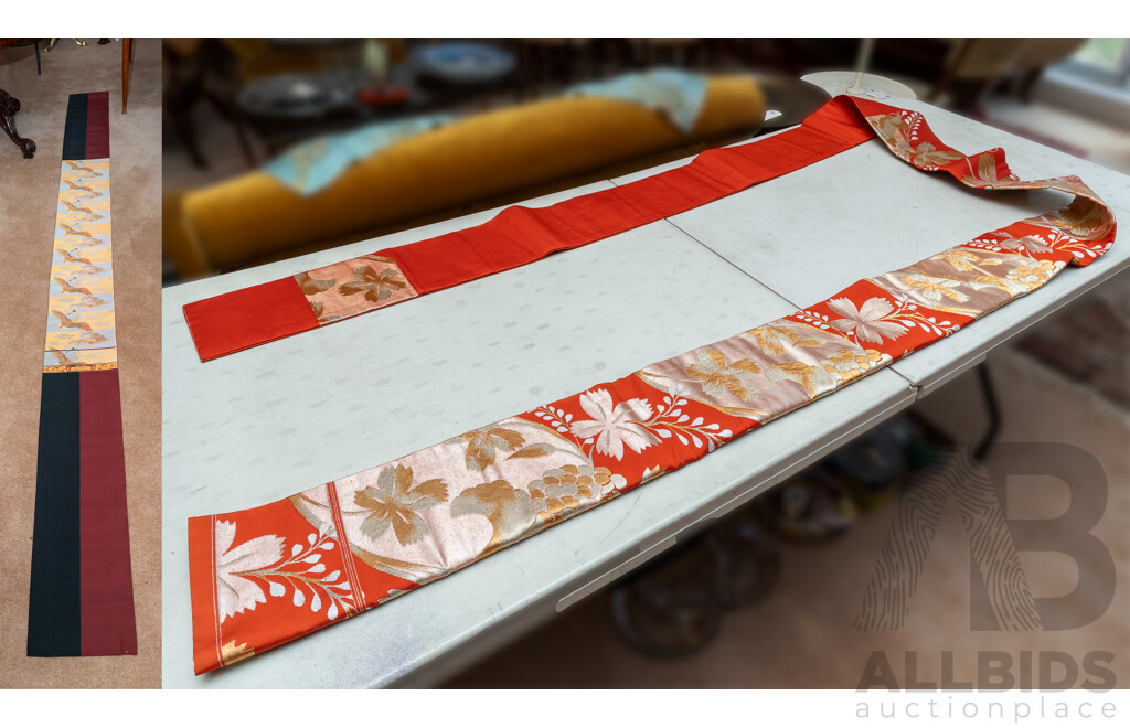 Pair of Gorgeous Vintage Japanese Obi Style Lengths of Fabric - Rust Red with Gold & Silver Thread with Floral Leaf Motif (360 cm) & Rudt Red & Black with Fans & Cranes (454 cm) (2)