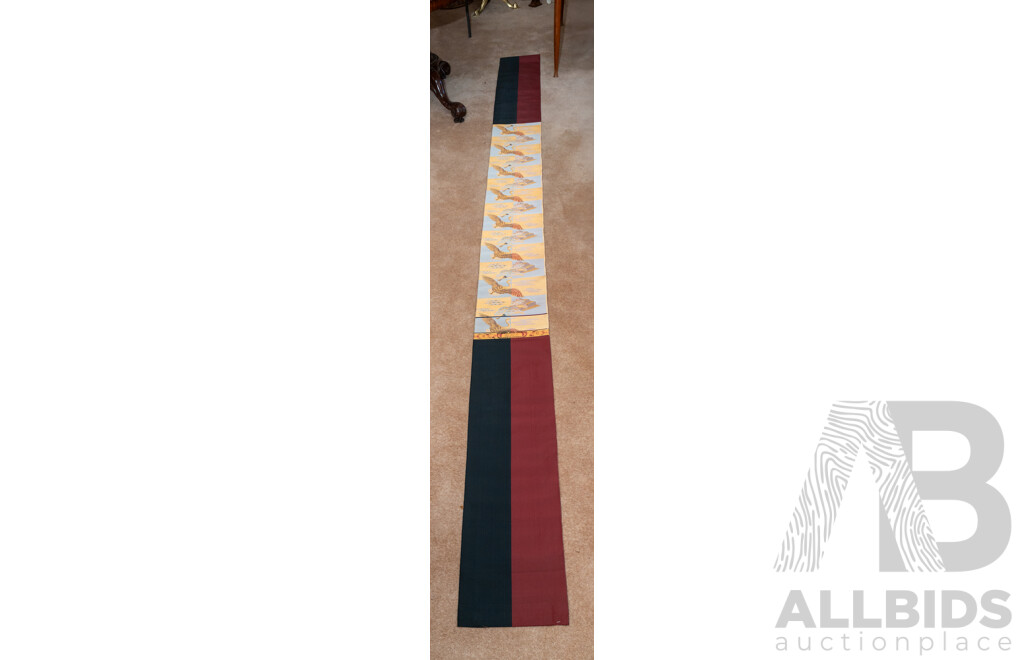 Pair of Gorgeous Vintage Japanese Obi Style Lengths of Fabric - Rust Red with Gold & Silver Thread with Floral Leaf Motif (360 cm) & Rudt Red & Black with Fans & Cranes (454 cm) (2)