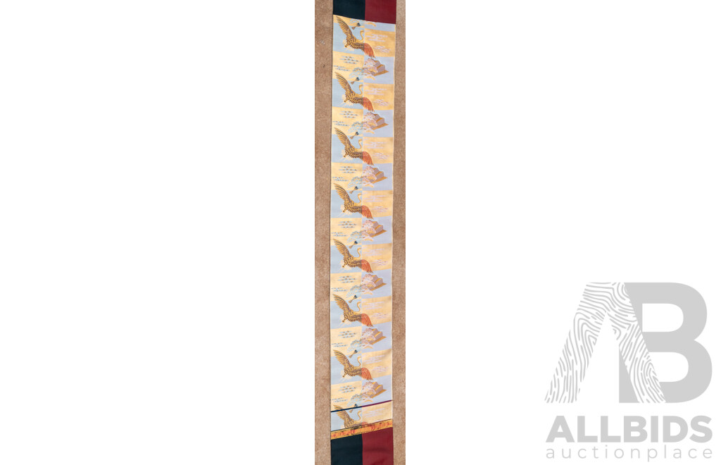 Pair of Gorgeous Vintage Japanese Obi Style Lengths of Fabric - Rust Red with Gold & Silver Thread with Floral Leaf Motif (360 cm) & Rudt Red & Black with Fans & Cranes (454 cm) (2)