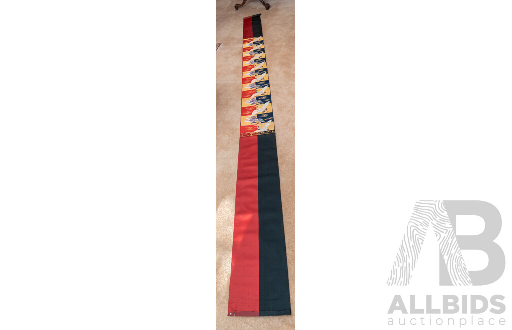 Pair of Gorgeous Vintage Japanese Obi Style Lengths of Fabric - Rust Red with Gold & Silver Thread with Floral Leaf Motif (360 cm) & Rudt Red & Black with Fans & Cranes (454 cm) (2)