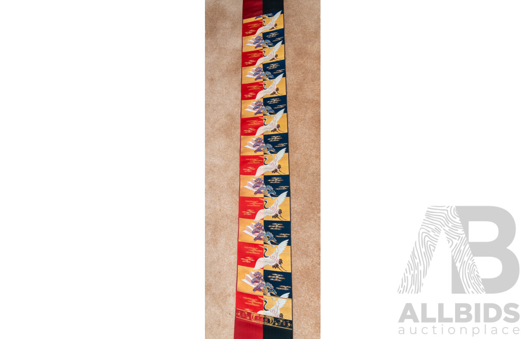 Pair of Gorgeous Vintage Japanese Obi Style Lengths of Fabric - Rust Red with Gold & Silver Thread with Floral Leaf Motif (360 cm) & Rudt Red & Black with Fans & Cranes (454 cm) (2)