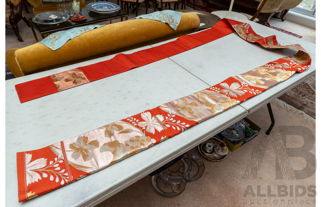 Pair of Gorgeous Vintage Japanese Obi Style Lengths of Fabric - Rust Red with Gold & Silver Thread with Floral Leaf Motif (360 cm) & Rudt Red & Black with Fans & Cranes (454 cm) (2)