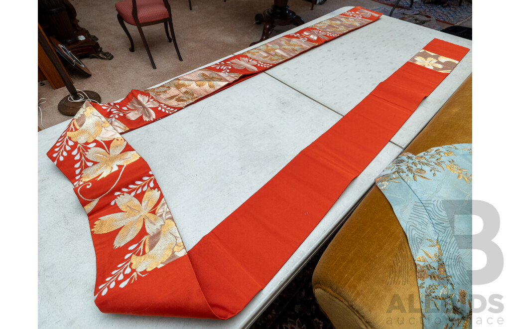 Pair of Gorgeous Vintage Japanese Obi Style Lengths of Fabric - Rust Red with Gold & Silver Thread with Floral Leaf Motif (360 cm) & Rudt Red & Black with Fans & Cranes (454 cm) (2)
