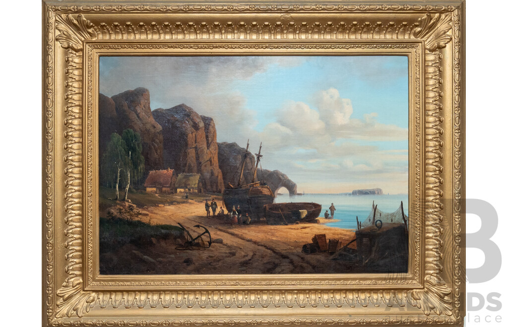 Artist Unknown (19th Century), Moored on the Sand, Antique Oil on Canvas Cloth,  79 x 100 cm (frame)