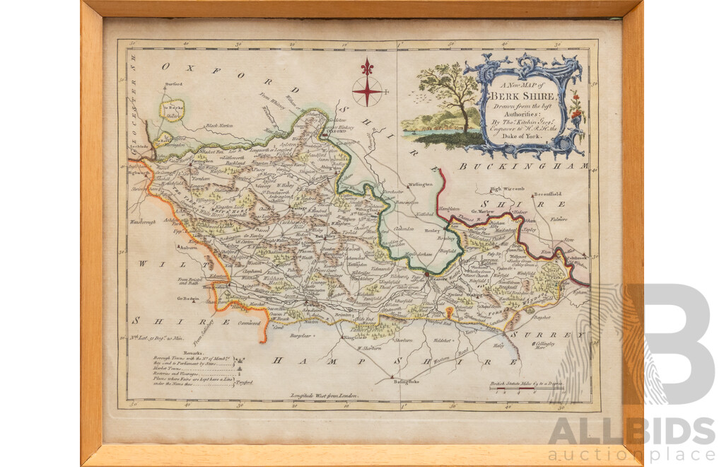 Lovely Antique Hand Coloured Engraving Print of Berkshire, England, 24 x 29 cm (frame)